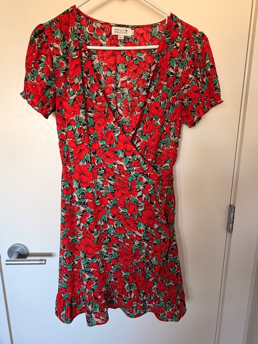 Molly Bracken Red & Green Floral Wrap Mini Dress